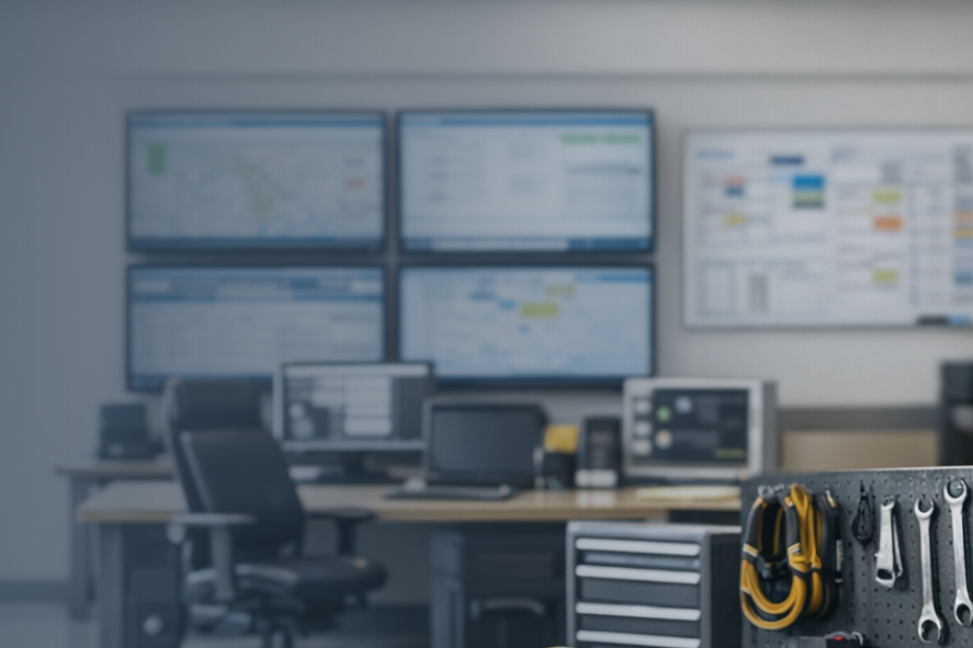 Operational workspace with multiple screens, desk equipment and service tools in the foreground