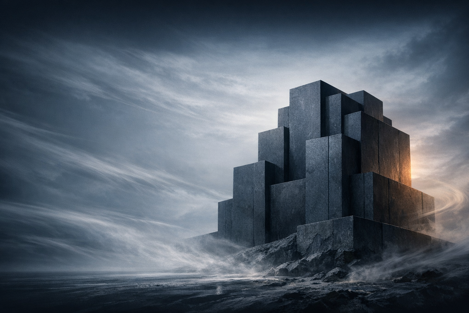 Dark monolithic structure representing business invincibility and the discipline of building unshakeable operational foundations