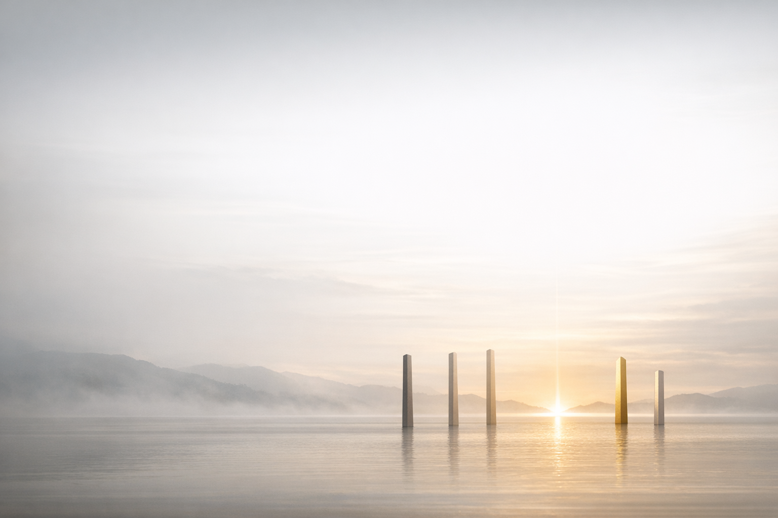 Five pillars rising from calm water at sunrise, representing Sun Tzu's five clarities of purpose, climate, terrain, leadership, and discipline