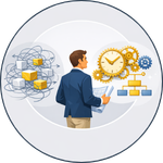 Leader reviewing disorganised blocks on one side and gears with a clear structure on the other