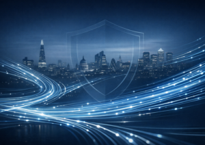 Premium header image for a UK fibre market article with flowing fibre optic light lines, subtle London skyline and shield-like structural motif