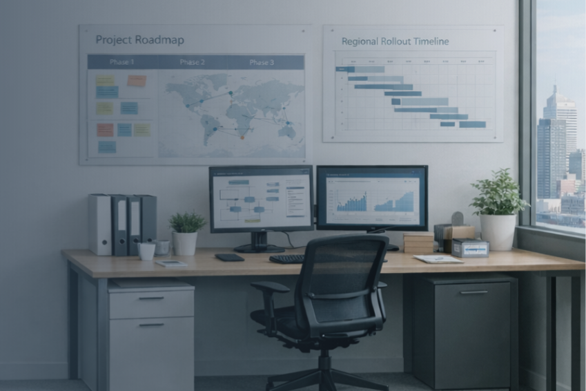 Office workspace with rollout timeline, roadmap and performance screens