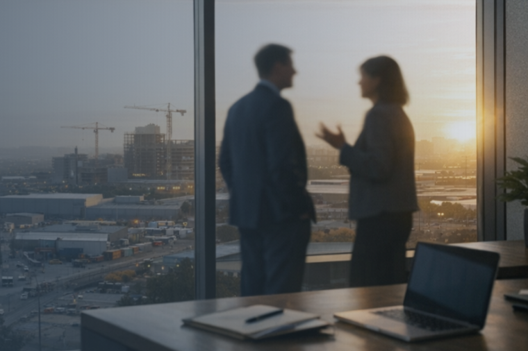 Project planning desk overlooking an active engineering and construction site