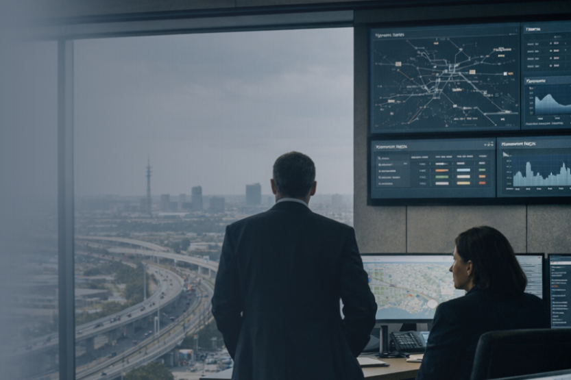 Operations control room with live dashboards overlooking a large urban network environment