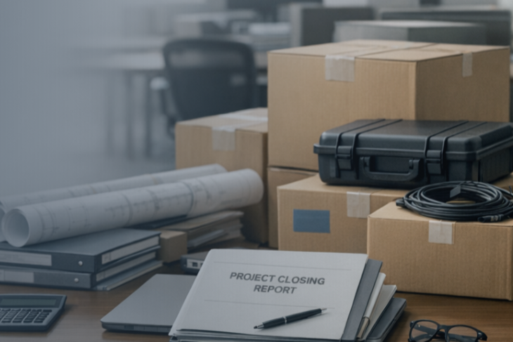 Project closing report on a desk beside packed boxes, files and rolled plans
