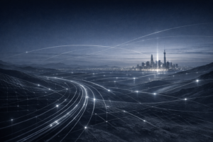 Network lines stretching across a landscape toward a distant illuminated city