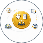 Central leadership figure within a circular management system surrounded by direction, review, people and improvement elements