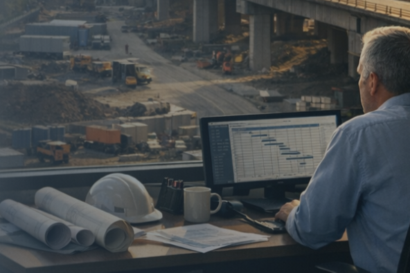 Two professionals in discussion beside a large office window overlooking a major project environment