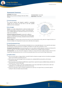 Assessment Summary cover page for Mark Davies, Junior Manager tier, showing radar chart and key findings