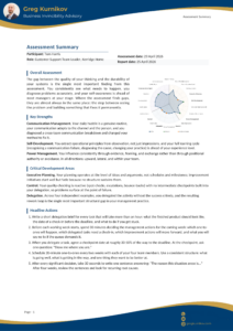 Assessment Summary cover page for Tom Harris, Junior Manager tier, showing radar chart and key findings
