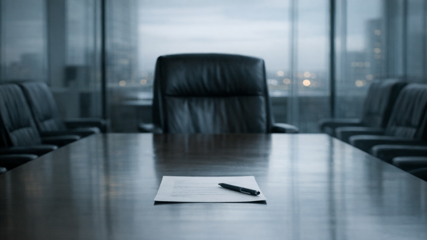 Empty boardroom chair with document and pen, representing accountability and human presence in leadership