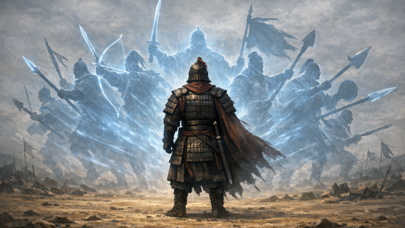 Ancient warrior standing before a shadow army, one-person army AI concept drawn from Sun Tzu and Tarasov