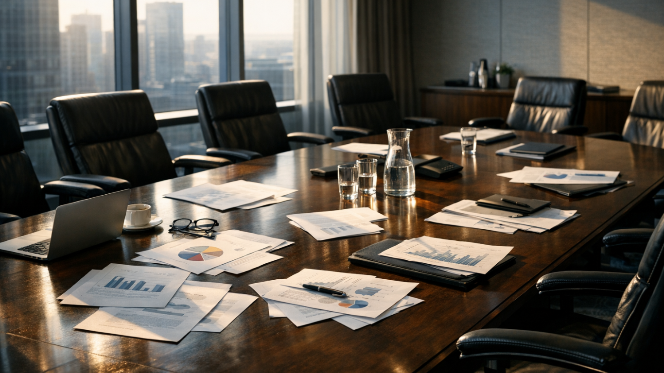 Empty boardroom after an advisory presentation, documents left on the table. Private equity portfolio transformation requires more than reports.