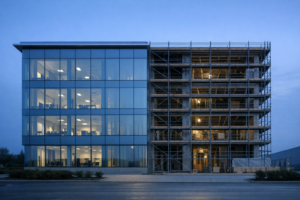Commercial building half finished in glass and half in scaffolding, illustrating a business operating system being built mid-transition.
