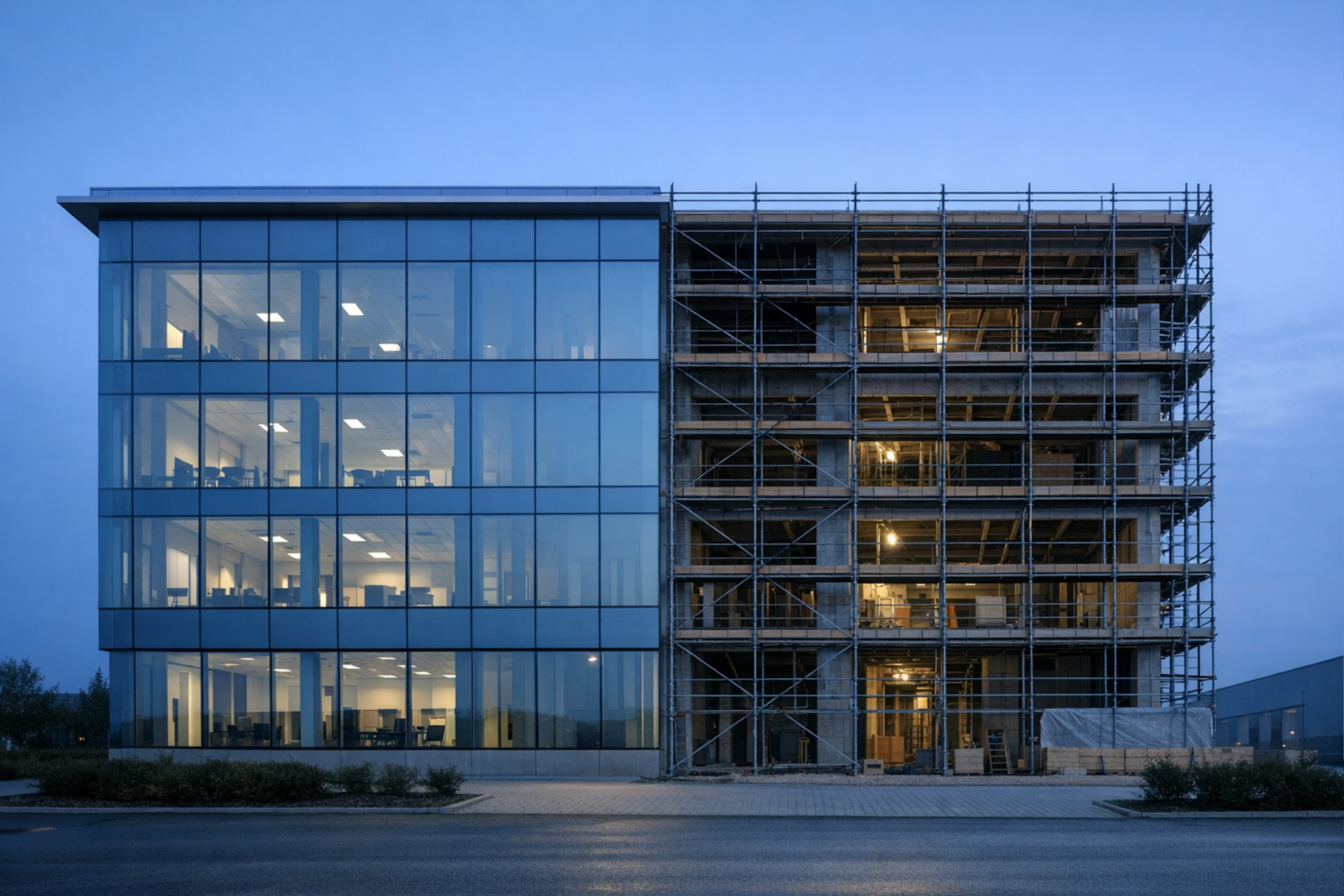 Commercial building half finished in glass and half in scaffolding, illustrating a business operating system being built mid-transition.