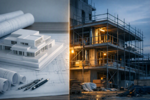 Split image contrasting a building plan and model with the same project part-built on site, the gap between preparation and execution