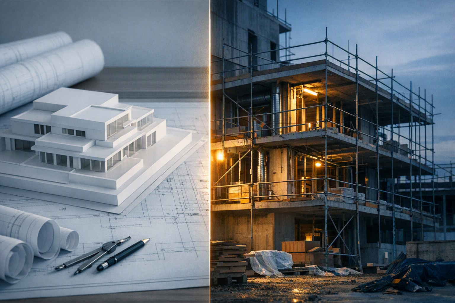 Split image contrasting a building plan and model with the same project part-built on site, the gap between preparation and execution