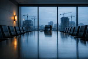 Empty boardroom at dusk over a city skyline of cranes, illustrating the private equity operating model shift.