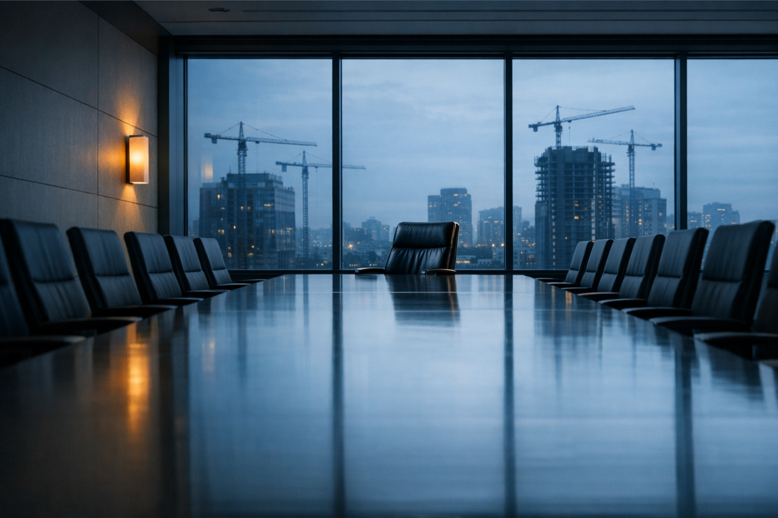 Empty boardroom at dusk over a city skyline of cranes, illustrating the private equity operating model shift.