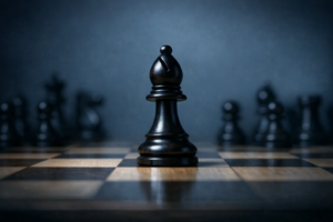 Single chess bishop in focus on a near-empty board, illustrating what makes a real strategy and choosing your ground
