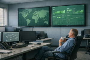 A calm operations control room with steady green status screens and one relaxed operator, showing a business that runs without heroics.