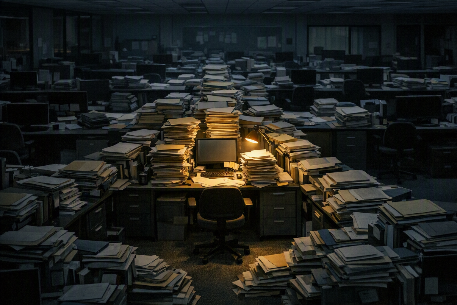 A dim night office where every file funnels to one overloaded lit desk, illustrating the cost of low trust as delay and decisions bottlenecked to a few people.