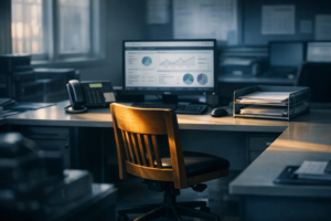 An empty wooden chair pulled back from a live operations desk at dawn, the work continuing around a suddenly vacant key seat.