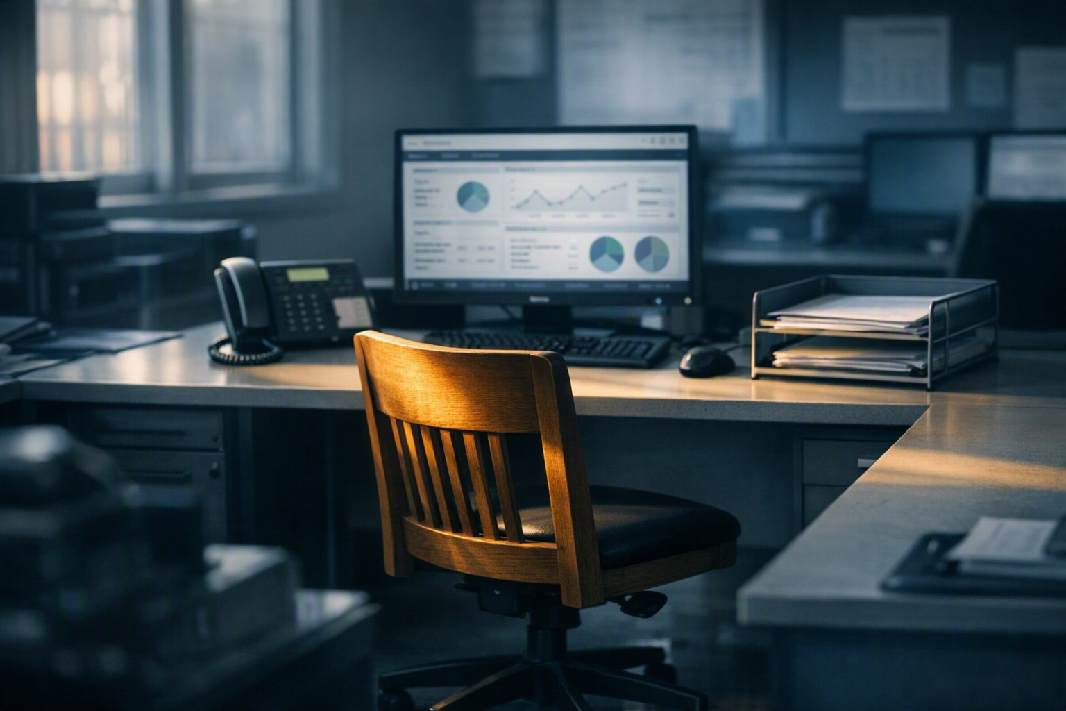 An empty wooden chair pulled back from a live operations desk at dawn, the work continuing around a suddenly vacant key seat.