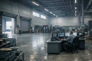A calm operations floor with deliberate spare capacity and a clear aisle, showing the operational efficiency trade-off between full utilisation and a shock-absorbing reserve.