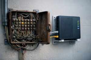 An open copper telephone junction box beside a newly mounted fibre router on the same commercial wall, legacy systems still live.
