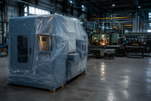 A new industrial machine still wrapped in plastic stands idle in a plant while the older production line behind it runs at full pace.