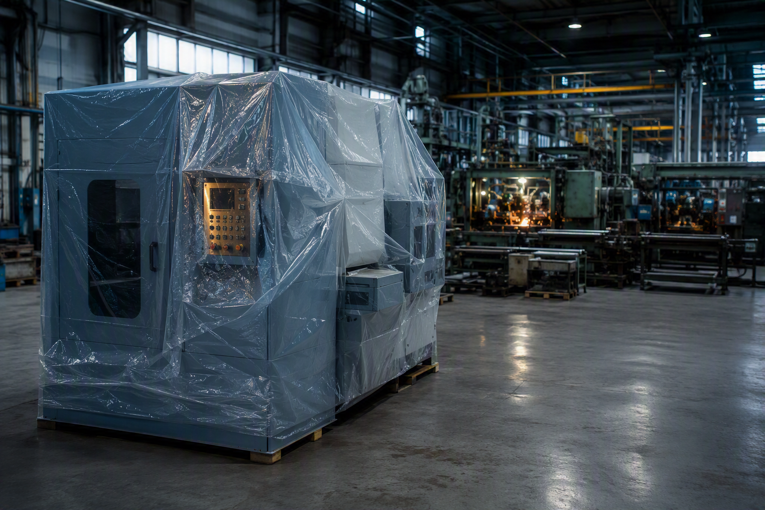 A new industrial machine still wrapped in plastic stands idle in a plant while the older production line behind it runs at full pace.